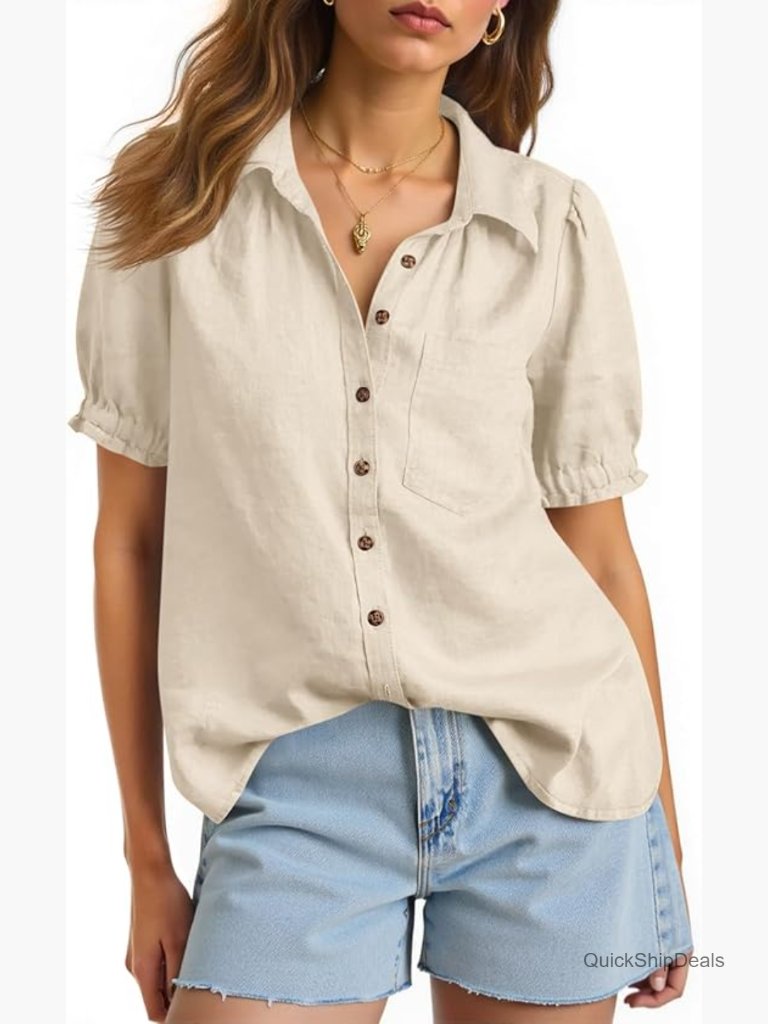 Cotton Viscose Puff Sleeve Button Down Blouse Loose Fit Work Top